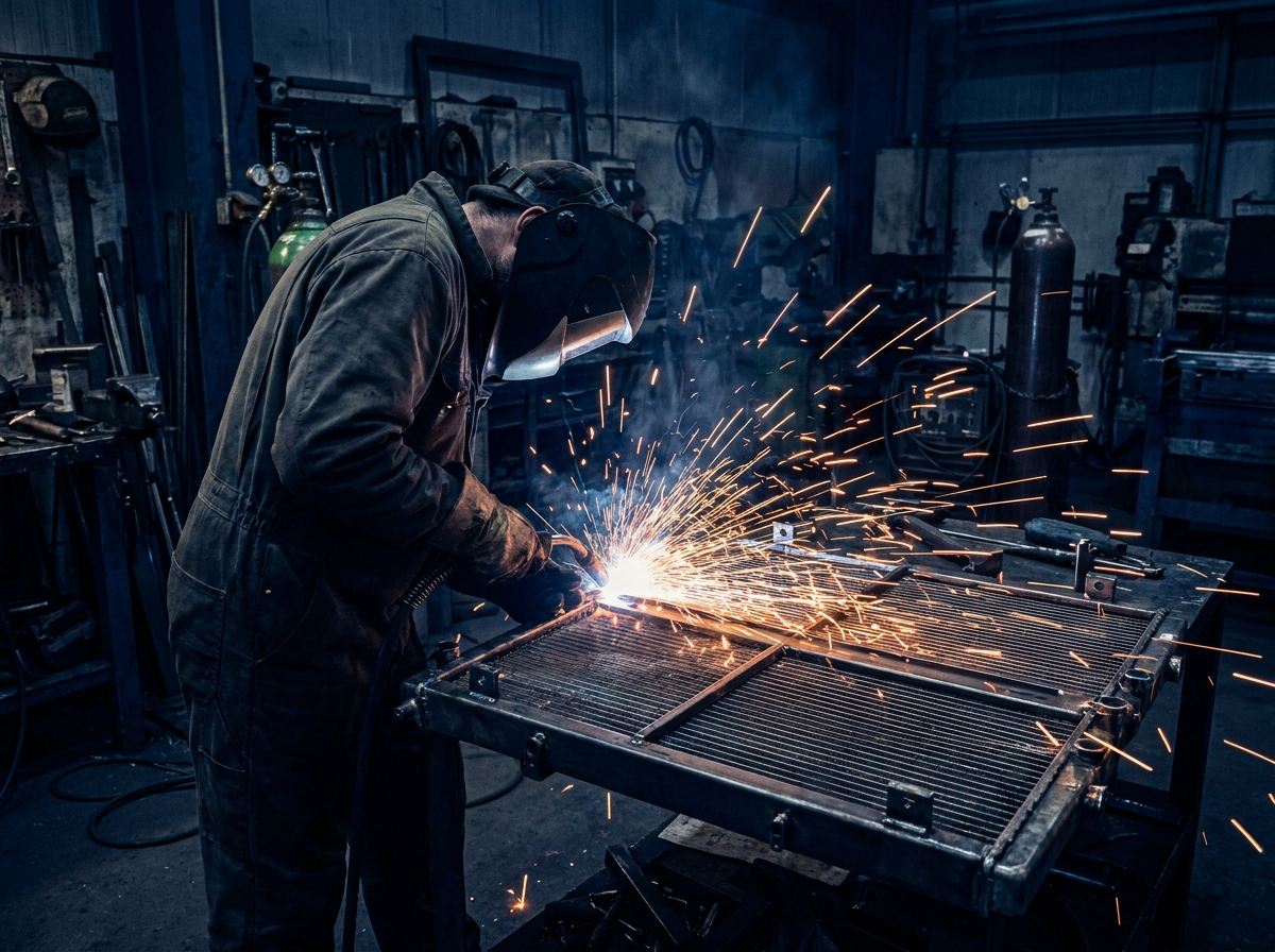 Technician welding a metal radiator frame in the workshop, with sparks flying