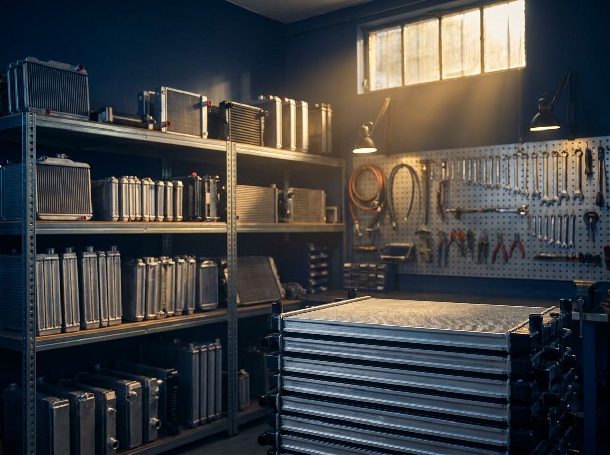 Rows of aluminium radiator cores and cooling units on shelving inside the LTDM workshop